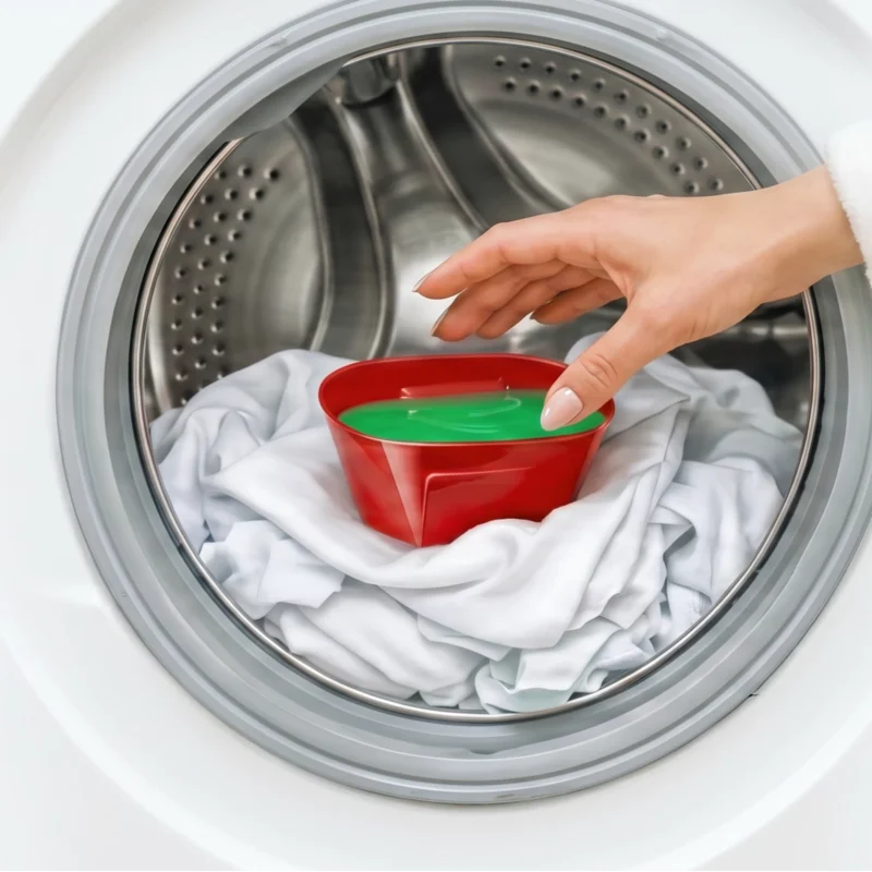 Placing the filled cap on top of the laundry inside the drum